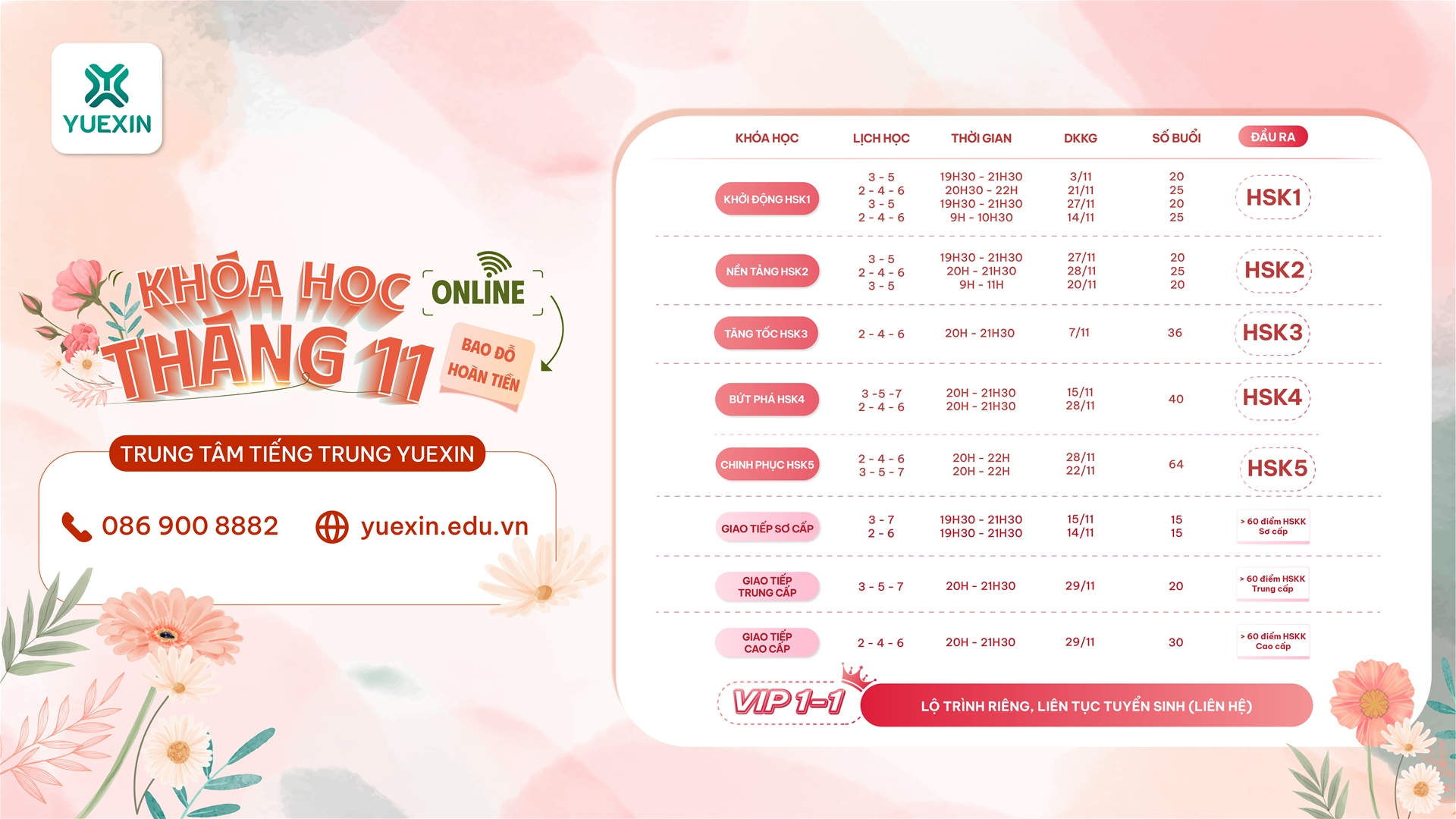 LỊCH KHAI GIẢNG TIẾNG TRUNG ONLINE THÁNG 11