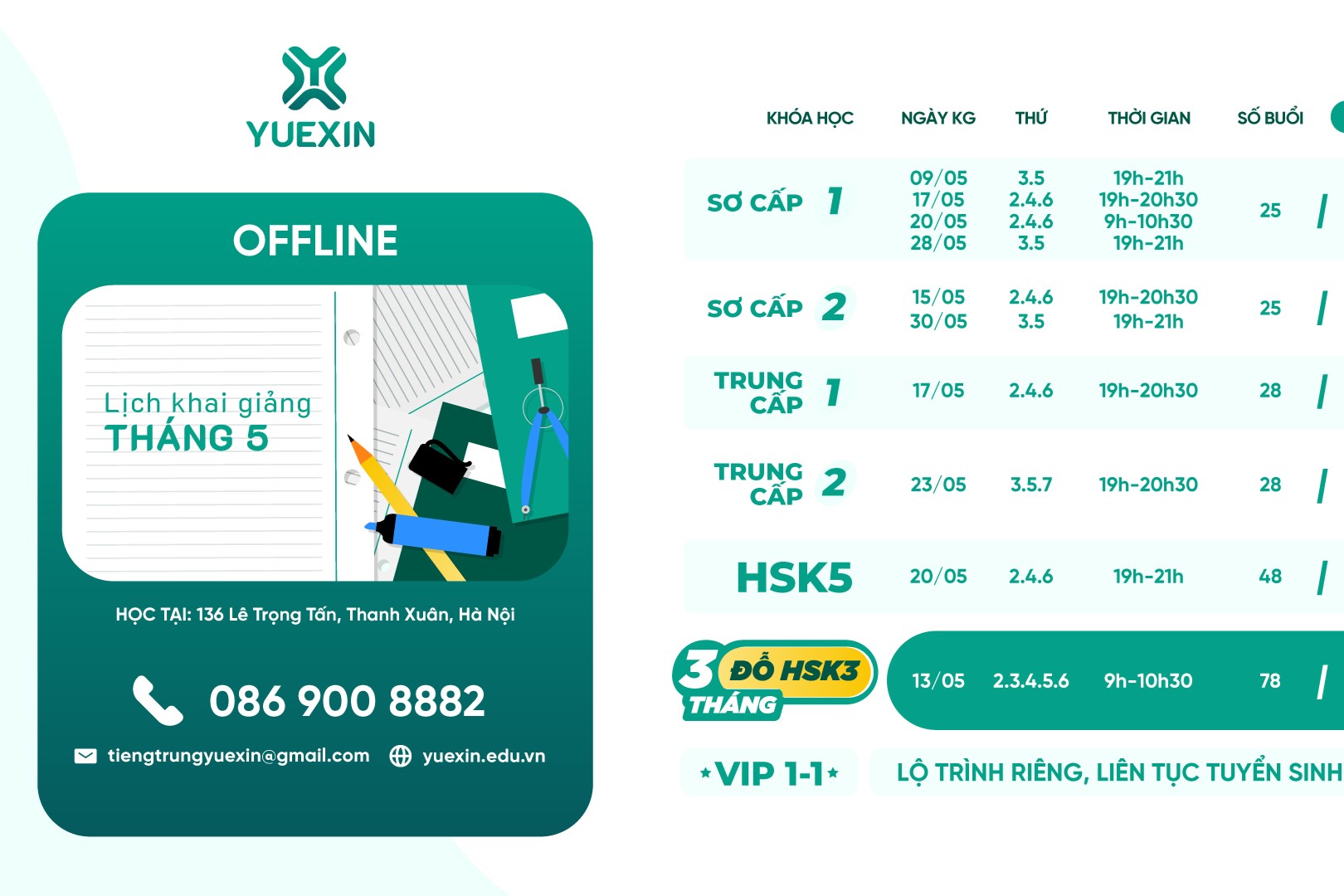 Lịch khai giảng lớp tiếng Trung offline tháng 5 của Yuexin