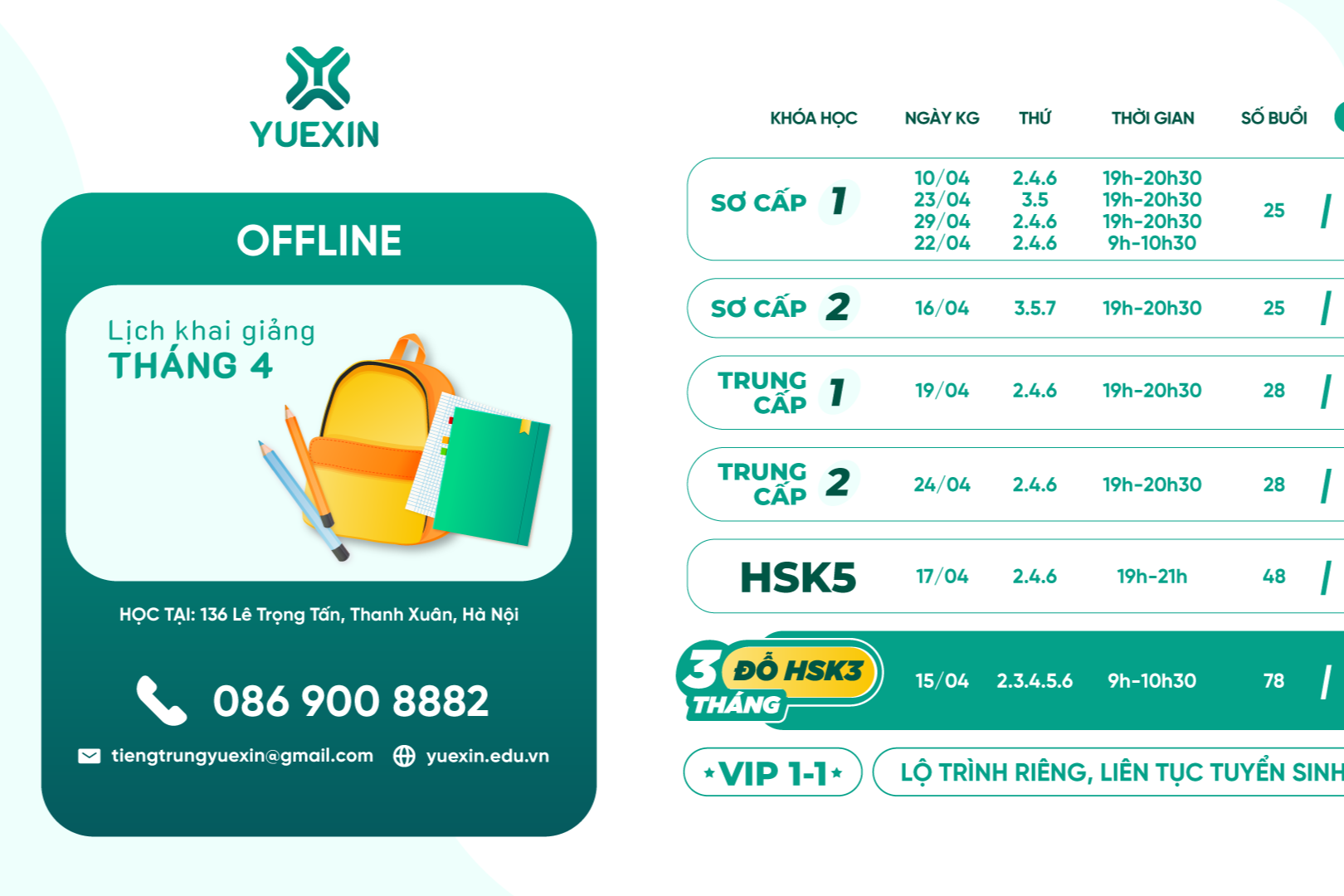 LỊCH KHAI GIẢNG LỚP TIẾNG TRUNG YUEXIN OFFLINE THÁNG 4