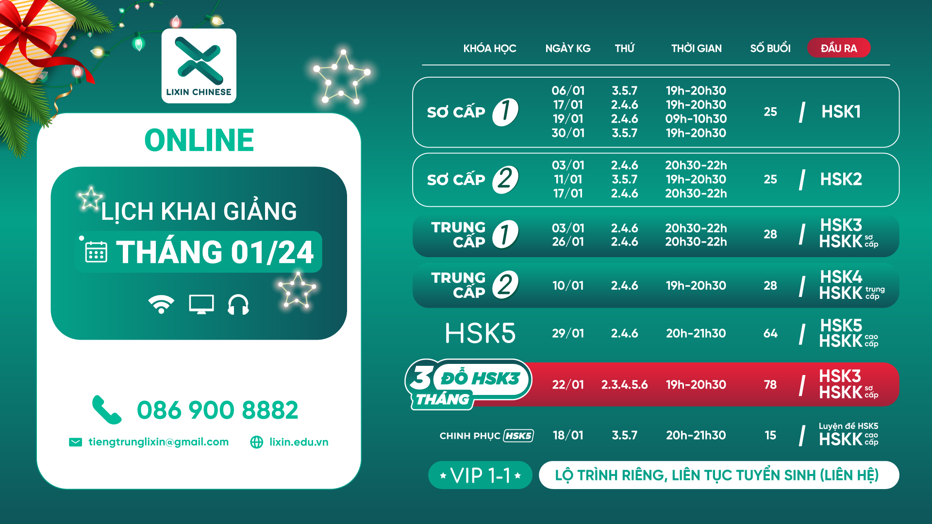 Lịch khai giảng lớp tiếng Trung Online tháng 1 của Lixin