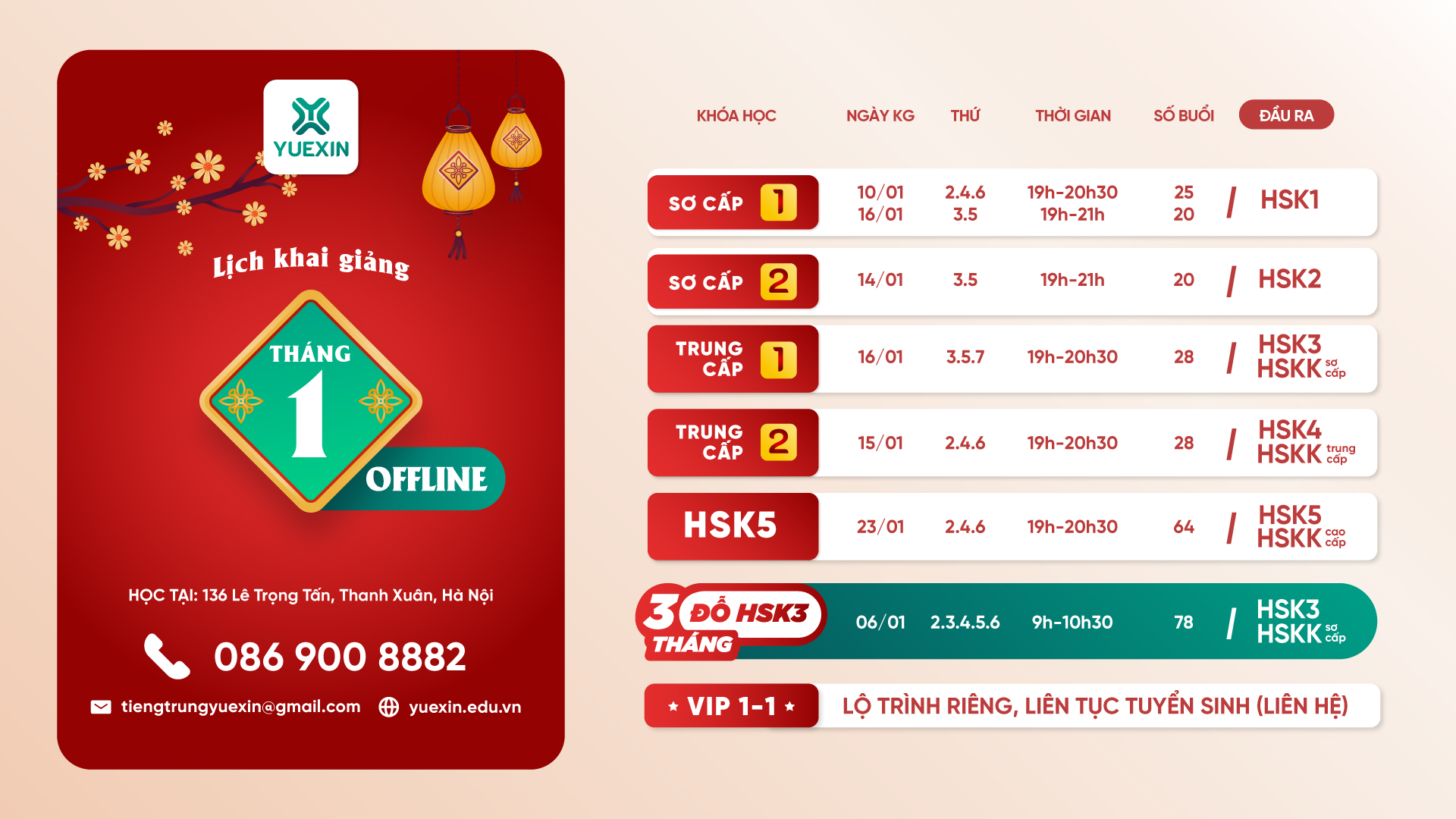 Lịch khai giảng tháng 1/2025 offline