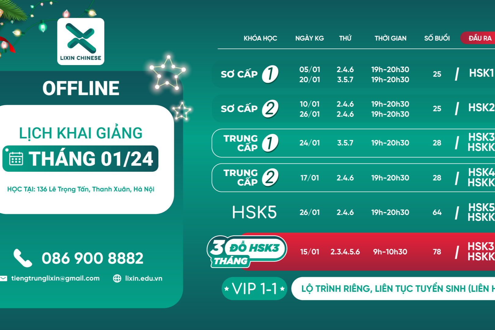 Lịch khai giảng lớp tiếng Trung Offline tháng 1 của Lixin