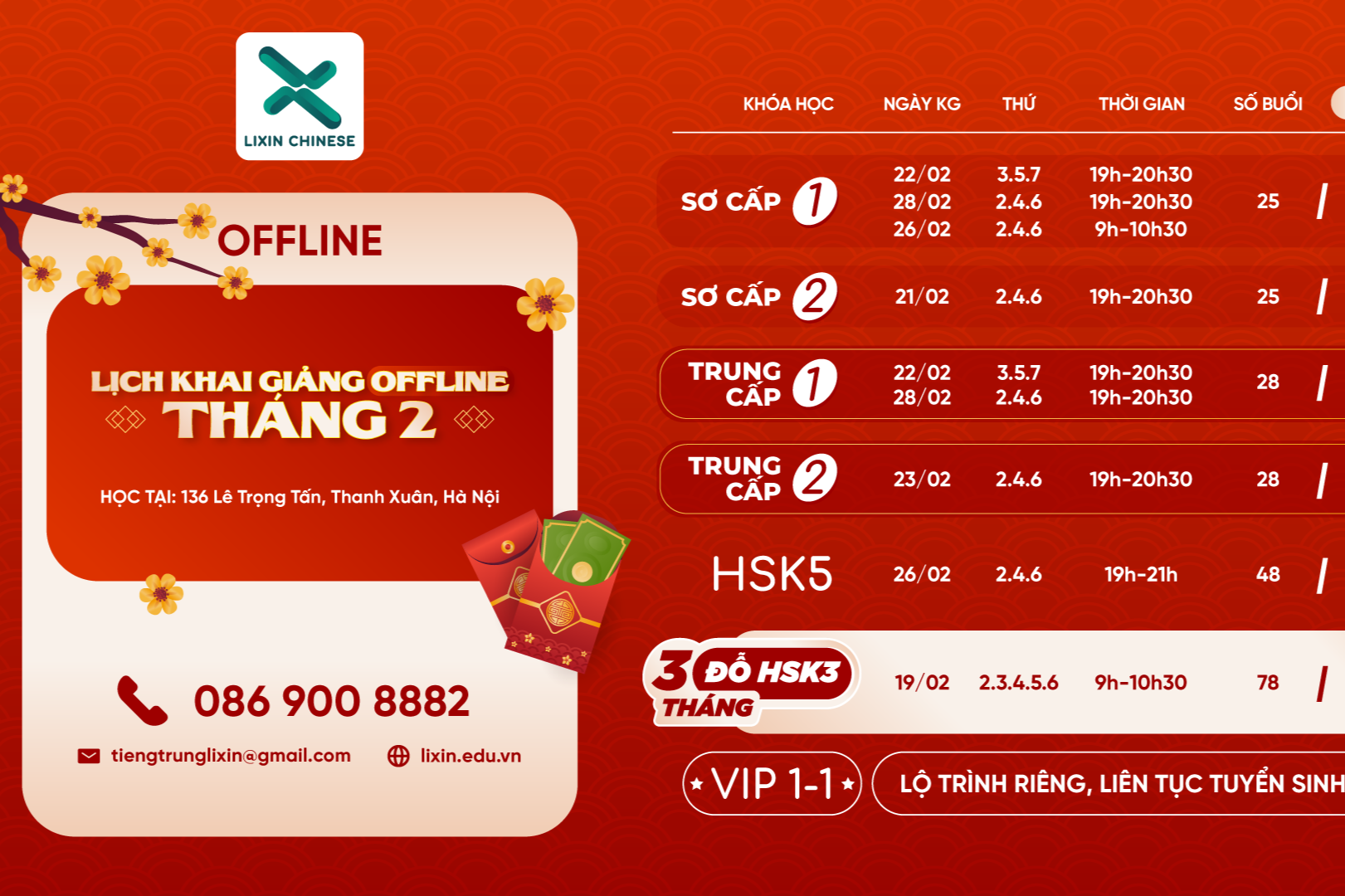 Lịch khai giảng lớp tiếng Trung offline tháng 2 của Lixin