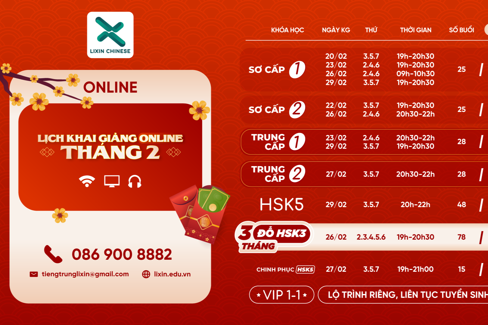 Lịch khai giảng tiếng Trung online tháng 2 của Lixin