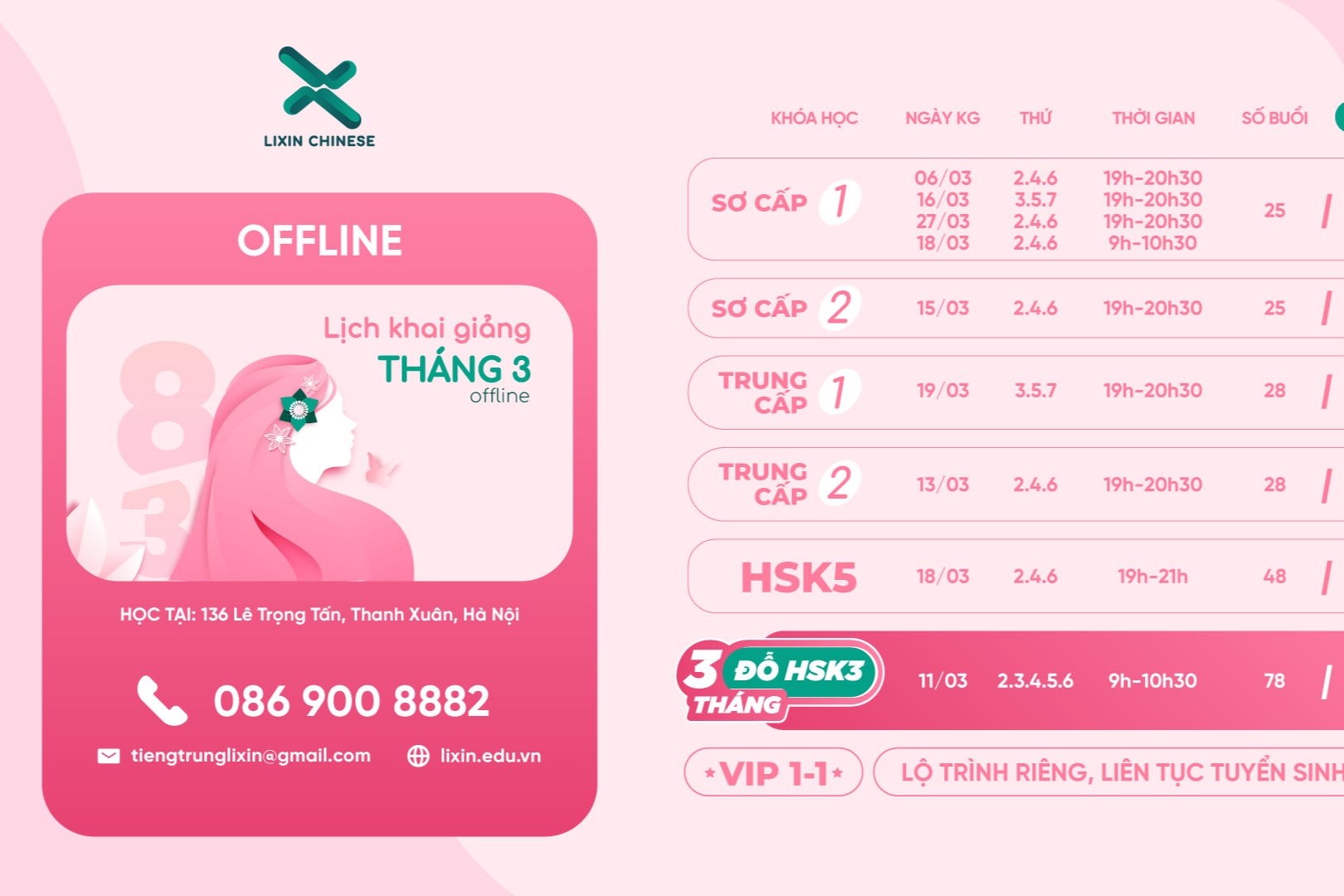 Lịch khai giảng lớp tiếng Trung Online tháng 3 của Lixin